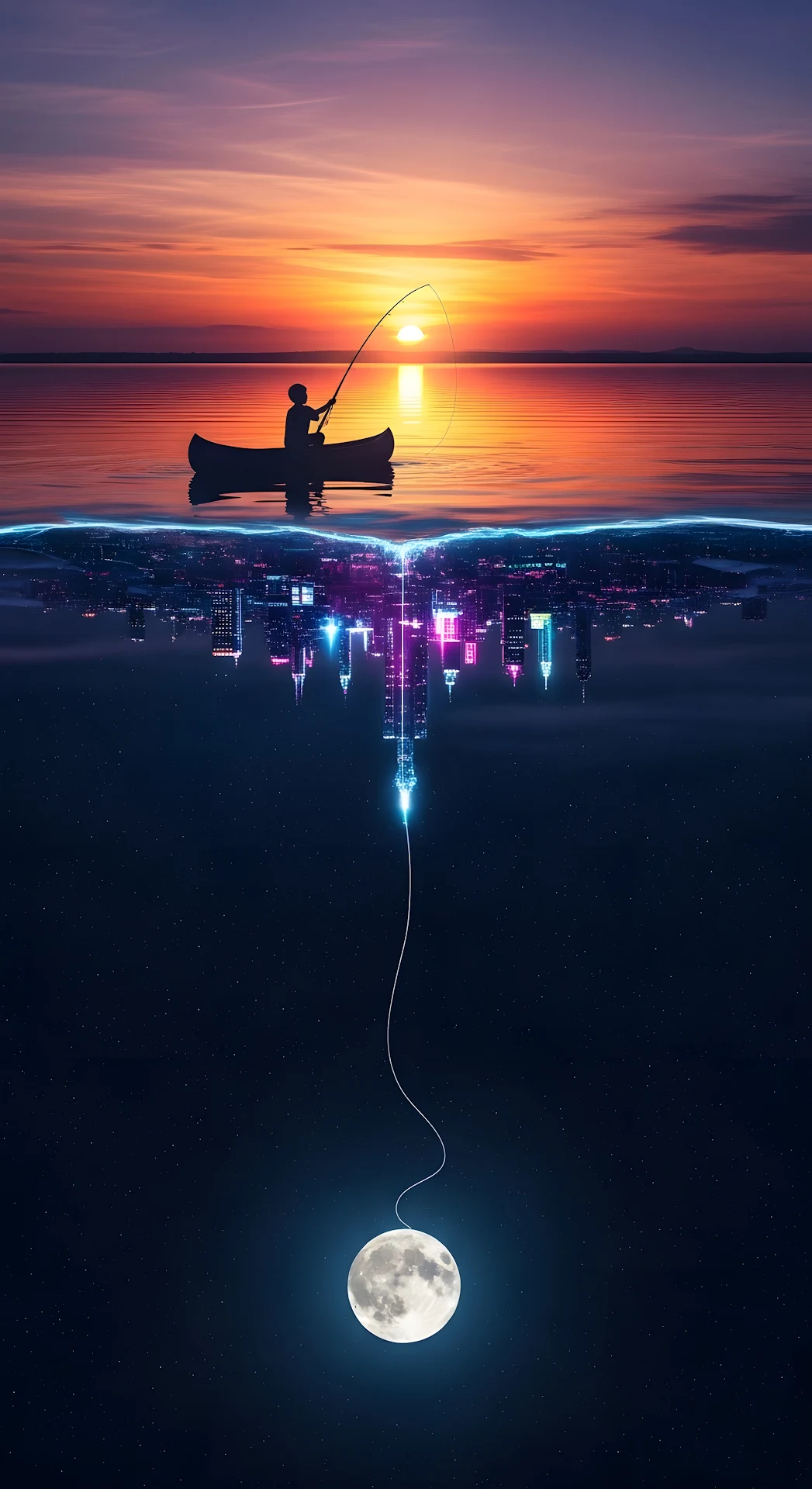 Surreal Fisherman Catching the Moon Above a Neon City Reflection - Free 4K mobile Wallpaper