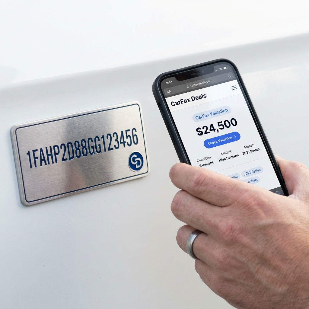 Close up of VIN plate and hand holding smartphone showing a valuation webpage with a clear price and clean UI in CarFax Deals brand colors trade in value of my car
