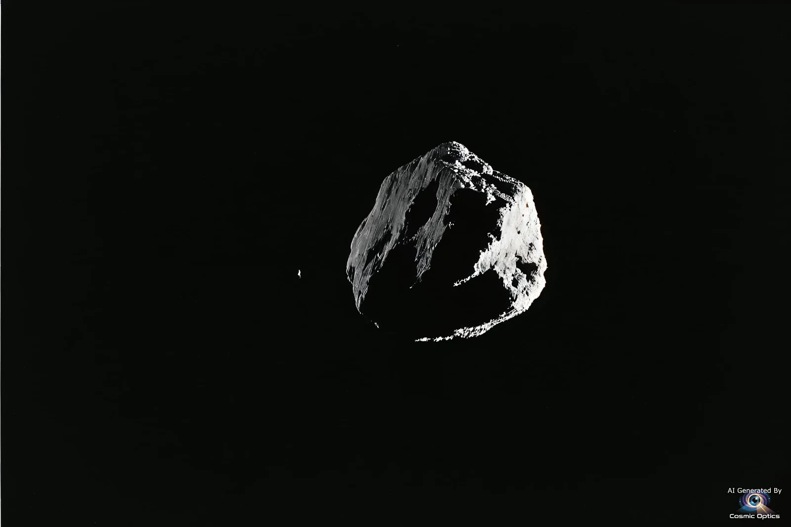 An authentic, true-color NASA photograph of a photograph of a rocky asteroid rotating in the dark vo_00002