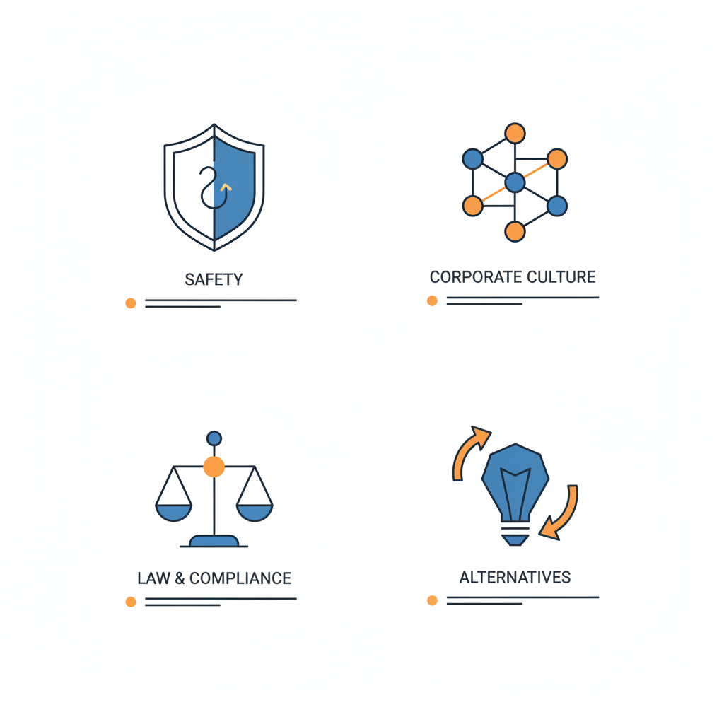 Minimalistische 2D-Vektor-Infografik mit vier Icons zu Sicherheit, Unternehmenskultur, Recht/Compliance und Alternativen – Thema unpassende Geschenke, Markenfarben.
