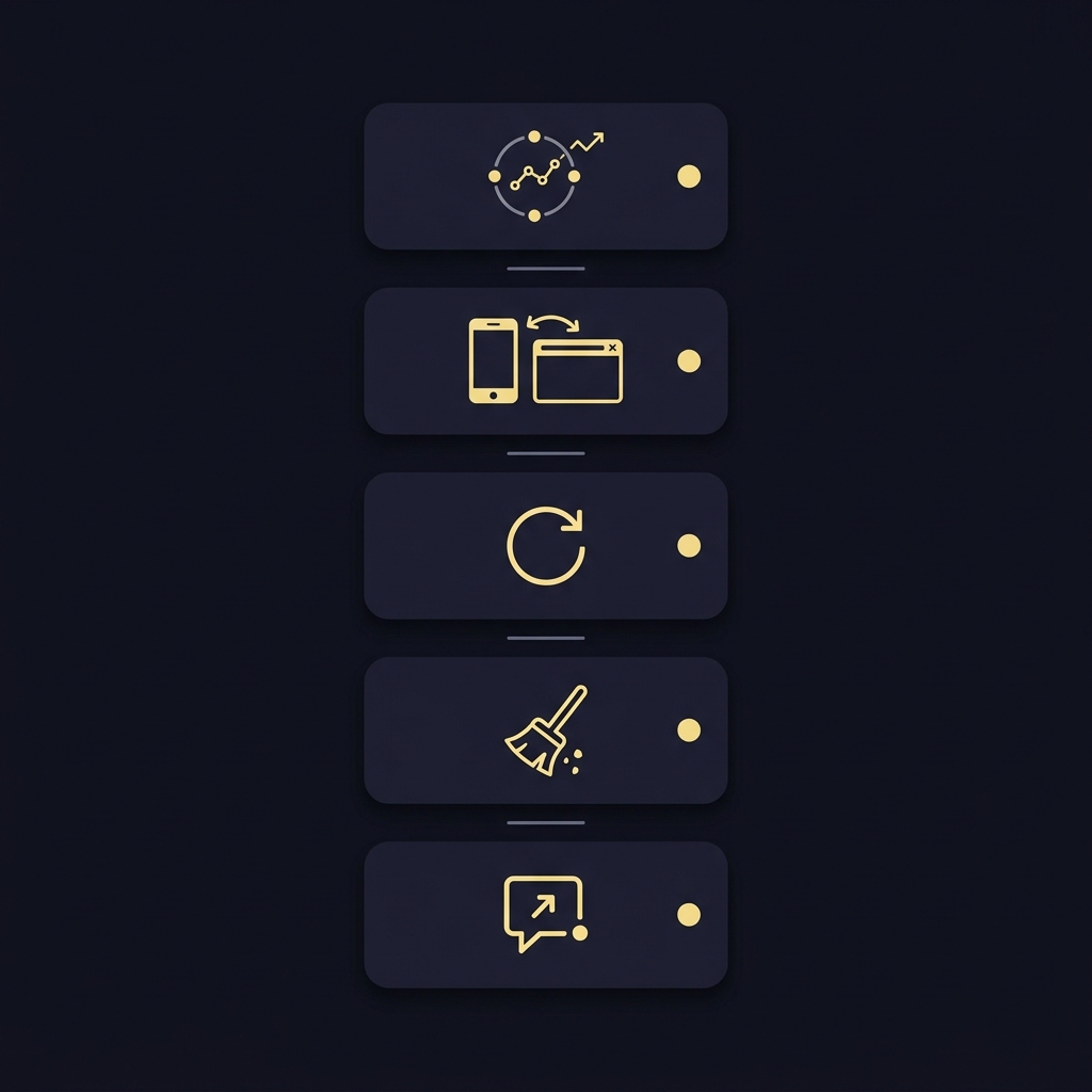 Minimal 2D vector mobile checklist showing five troubleshooting steps for a fanduel glitch with simple icons for trackers switch app restart clear cache and submit support