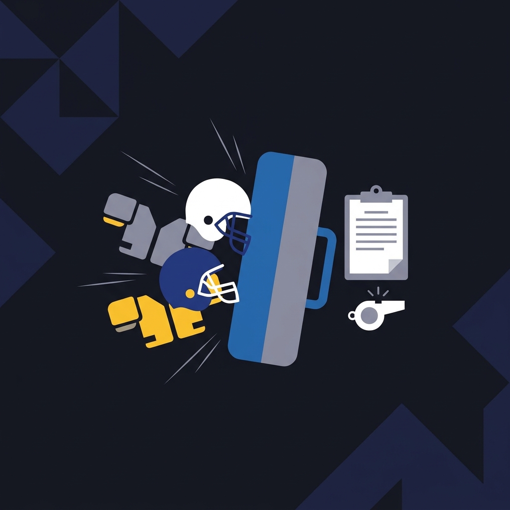 american football tips illustration two stylized helmets and shoulder pads performing a shoulder led tackling drill into a padded bag with clipboard and whistle in Funded Plays colors
