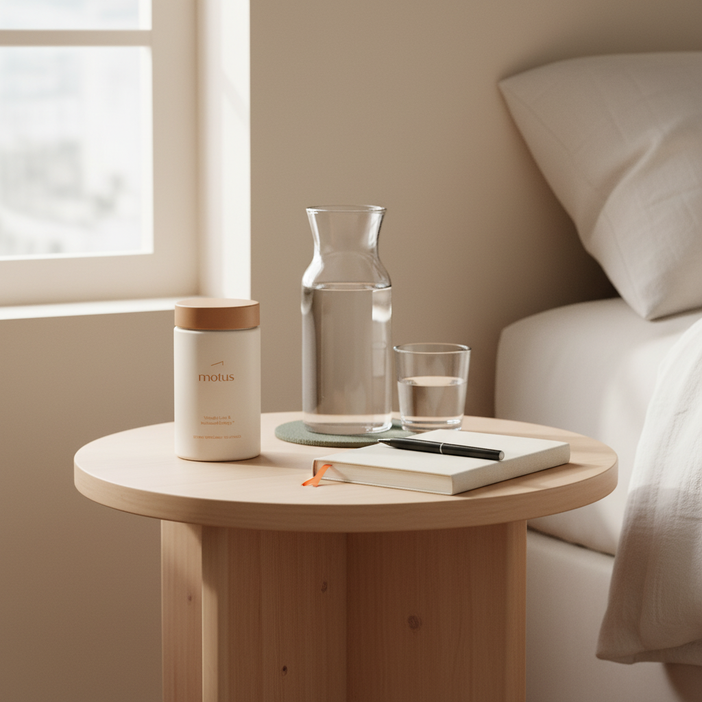 Motus supplement jar on a minimalist bedside table with water carafe and journal in soft morning light, minimalist Tonum composition showcasing best blood sugar reducer.