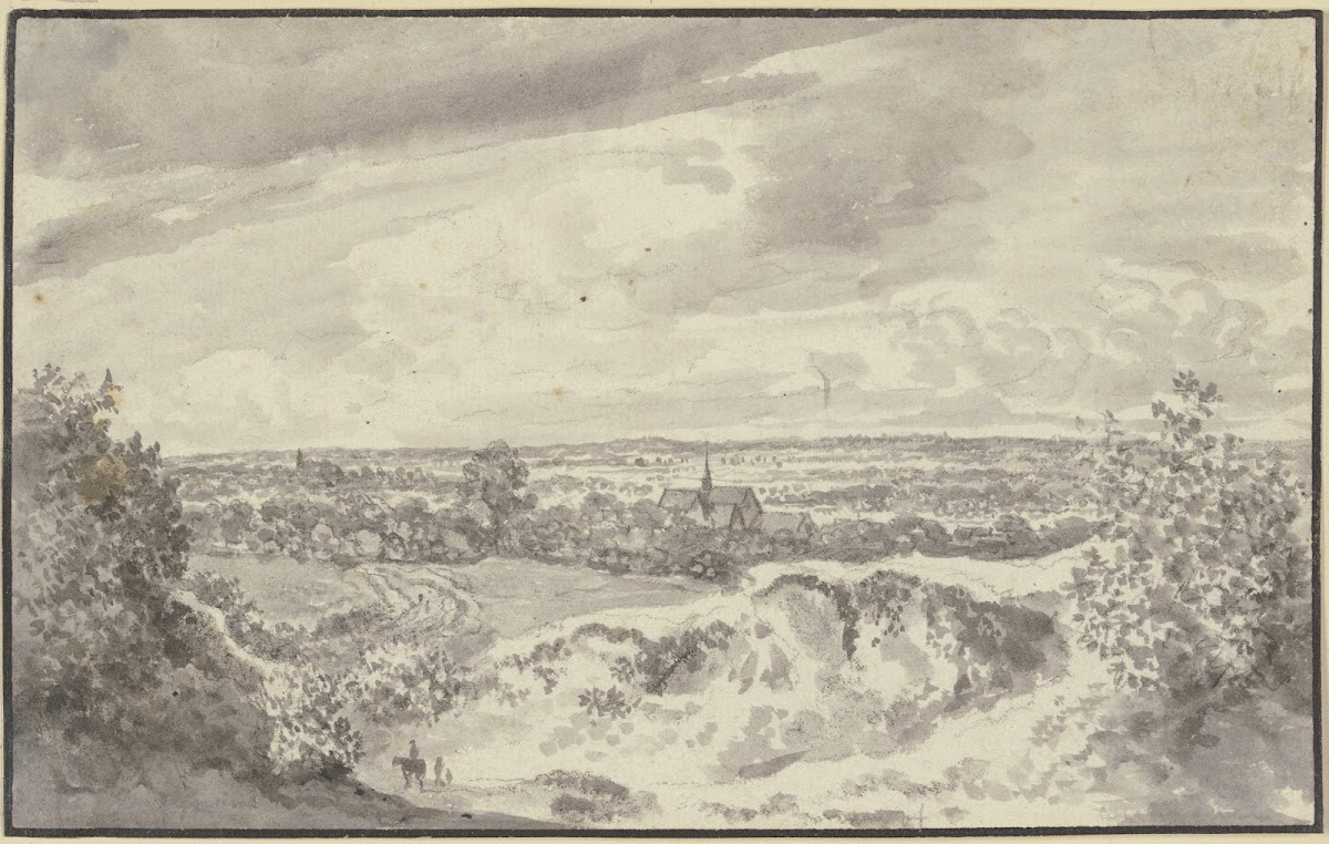 Fernsicht mit einer Stadt vorne ein Reiter und zwei Fußgänger