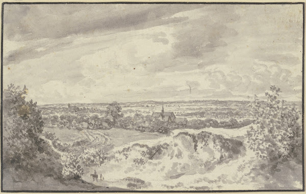 Fernsicht mit einer Stadt vorne ein Reiter und zwei Fußgänger