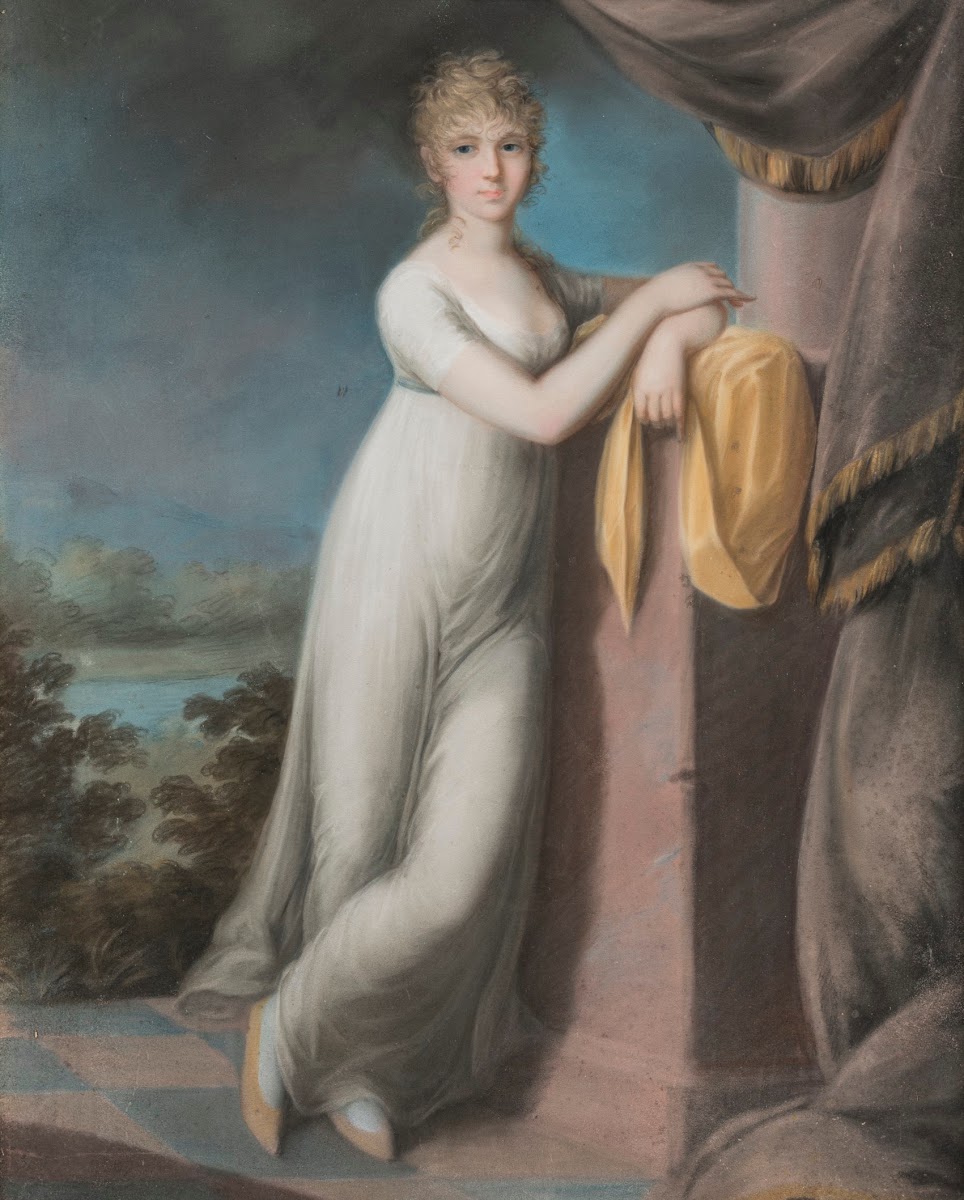 Portrait of a young lady leaning against a pedestal a landscape beyond