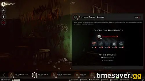 Bitcoin Farm module construction screen in the Escape from Tarkov Hideout