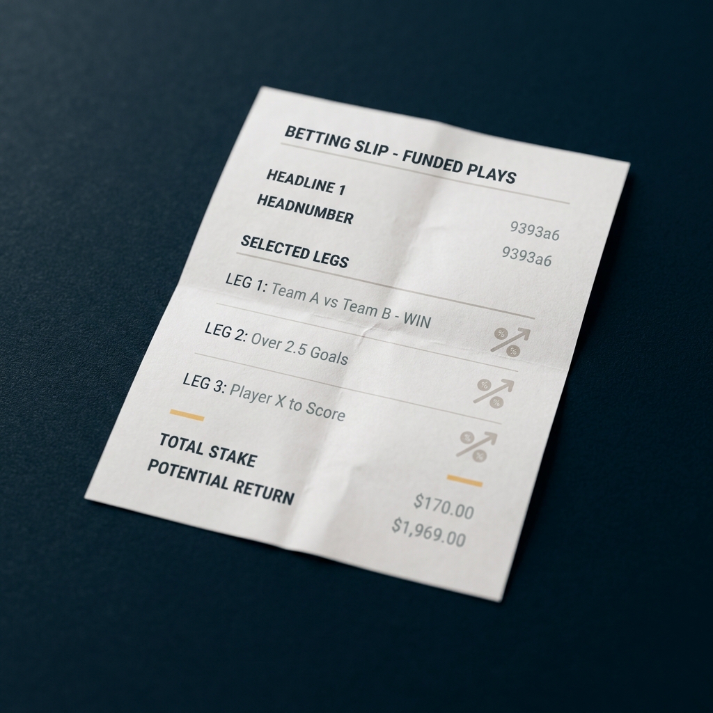 Close up betting slip with multiple selected legs and subtle probability icons in Funded Plays colors emphasizing winning parlays