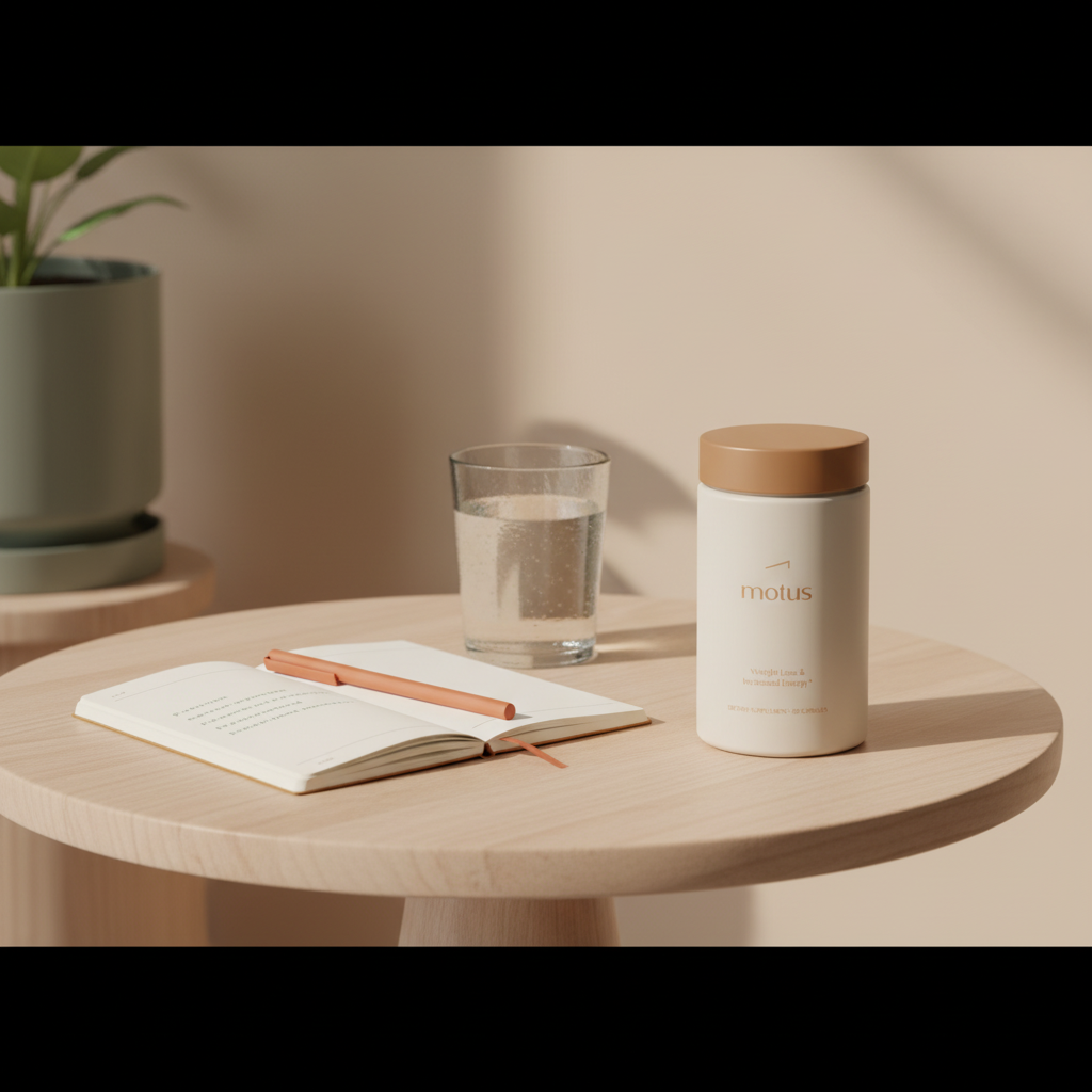 Minimalist still-life of a Tonum Motus supplement bottle on a round wooden table with a glass of water and open notebook against beige background — Zantrex Black