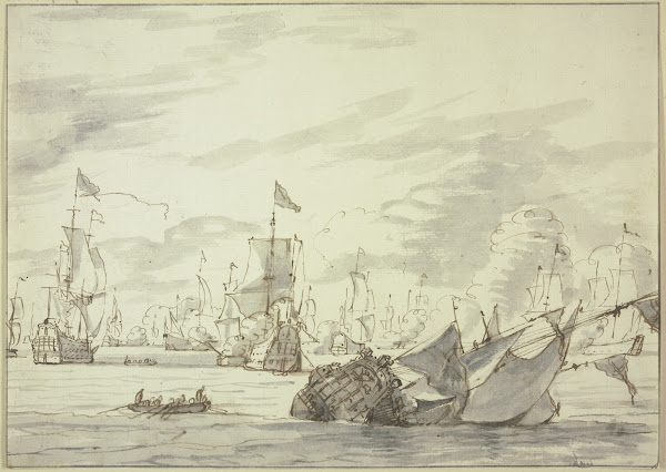 Seegefecht vorne rechts ein sinkendes Schiff