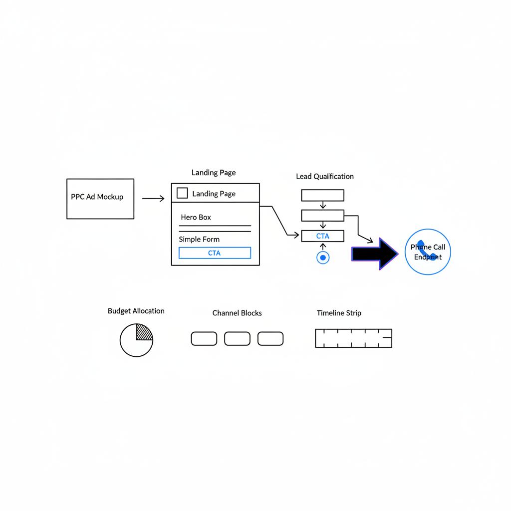 Vector notebook page with mortgage broker PPC wireframes and arrows showing user flow from ad to landing page to phone call, minimalist Agency Visible style with white background and #1a5bfb accents