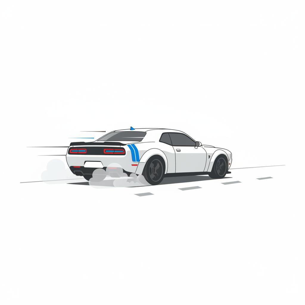 Minimalist 2D vector rear three quarter view of a hellcat accelerating with subtle tire smoke on a white background camaro zl1 for sale