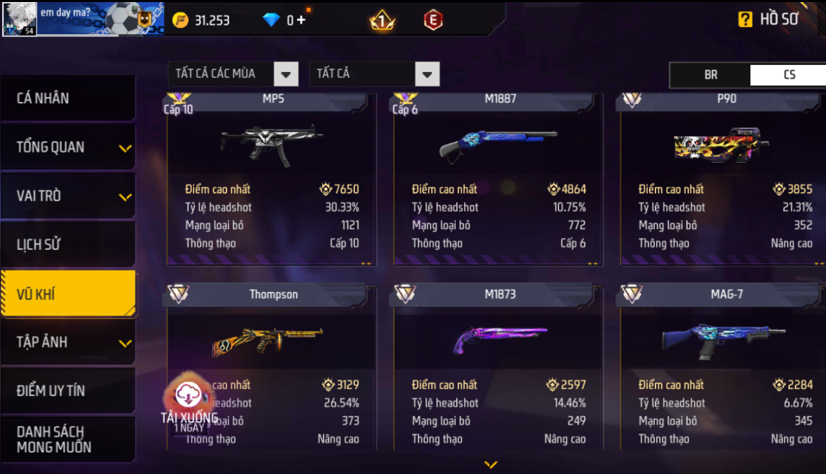 Acc Free Fire level 54, vũ khí súng nhiều, acc chơi lâu, có...