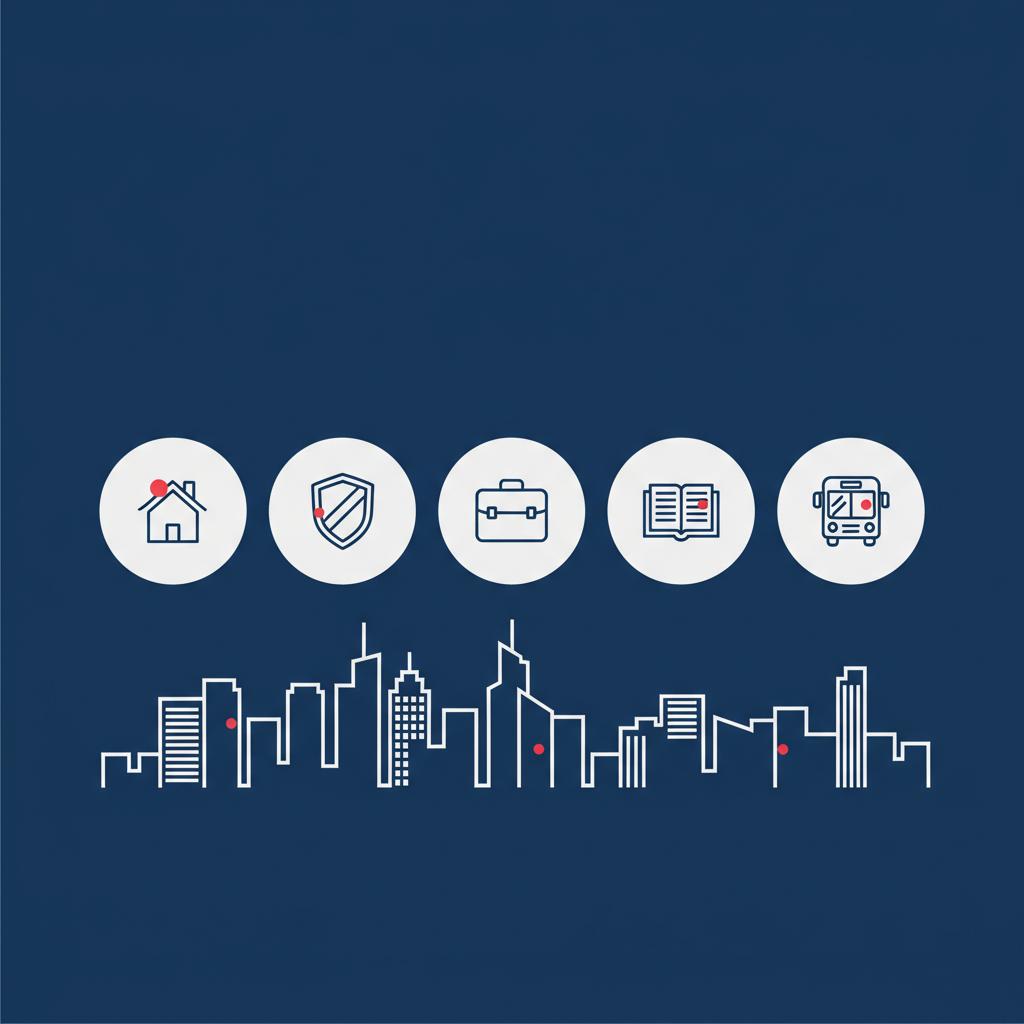 Minimal 2D vector infographic city skyline with icons for housing safety jobs health education and transport highlighting top ranked cities to live in the us