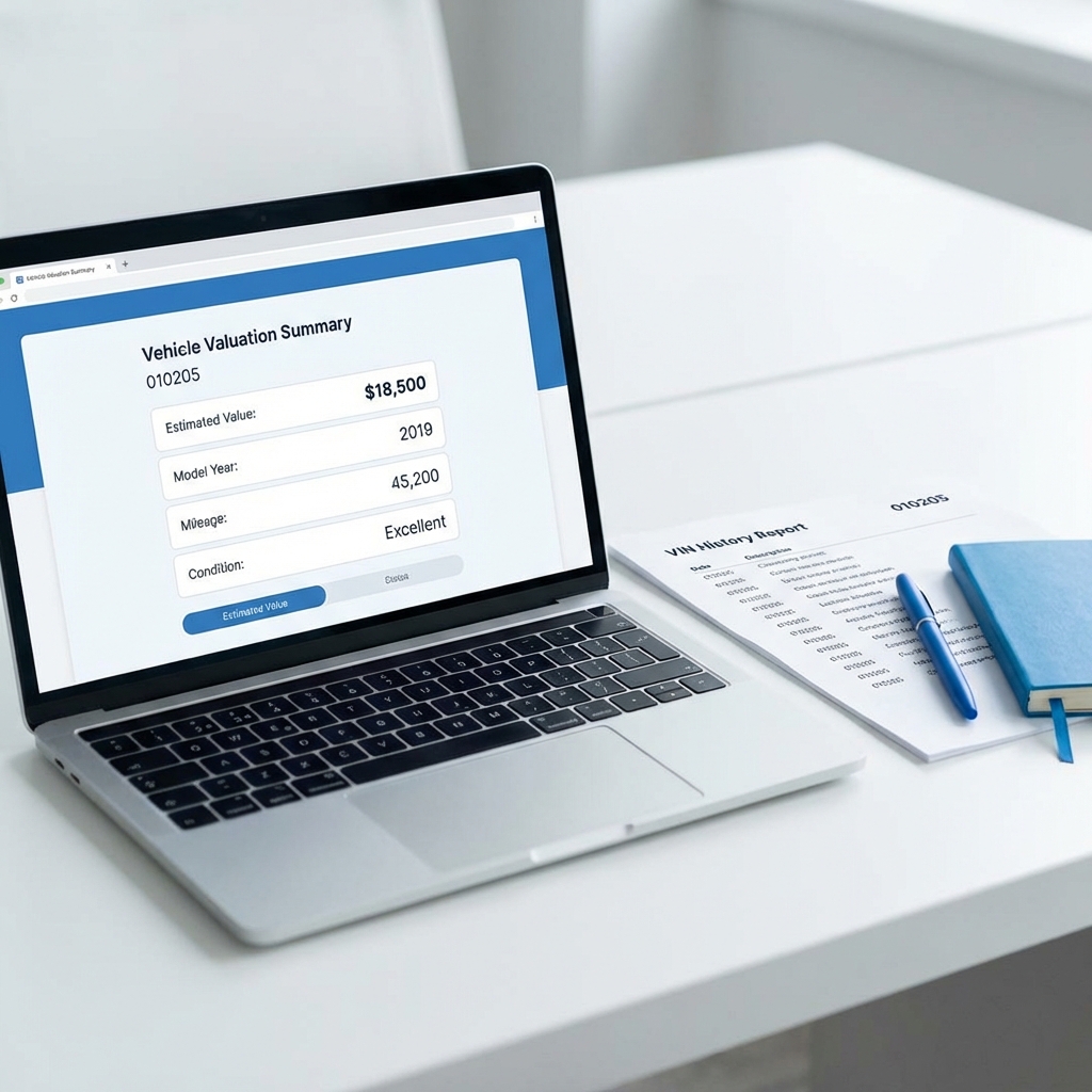 Close up laptop displaying vehicle valuation page with printed VIN history report and blue pen on white table Is NADA Blue book free?