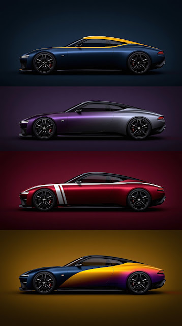 Side profile views of four sleek sports coupes in blue, purple, red, and sunset gradient paint finishes.