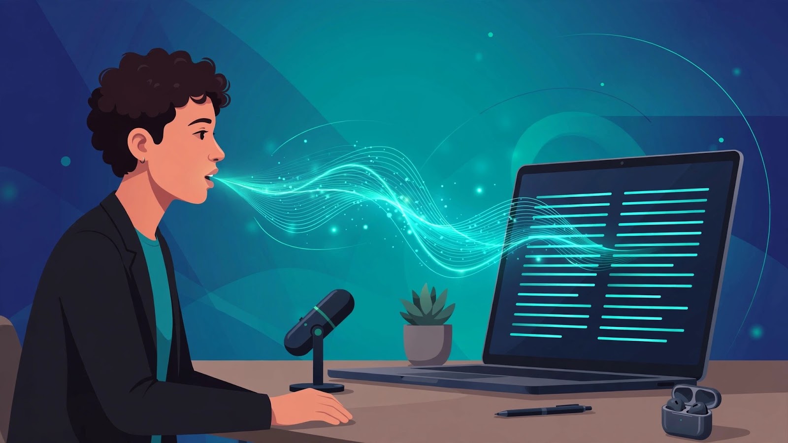 Person dictating into a laptop as glowing speech waves convert into written text on the screen