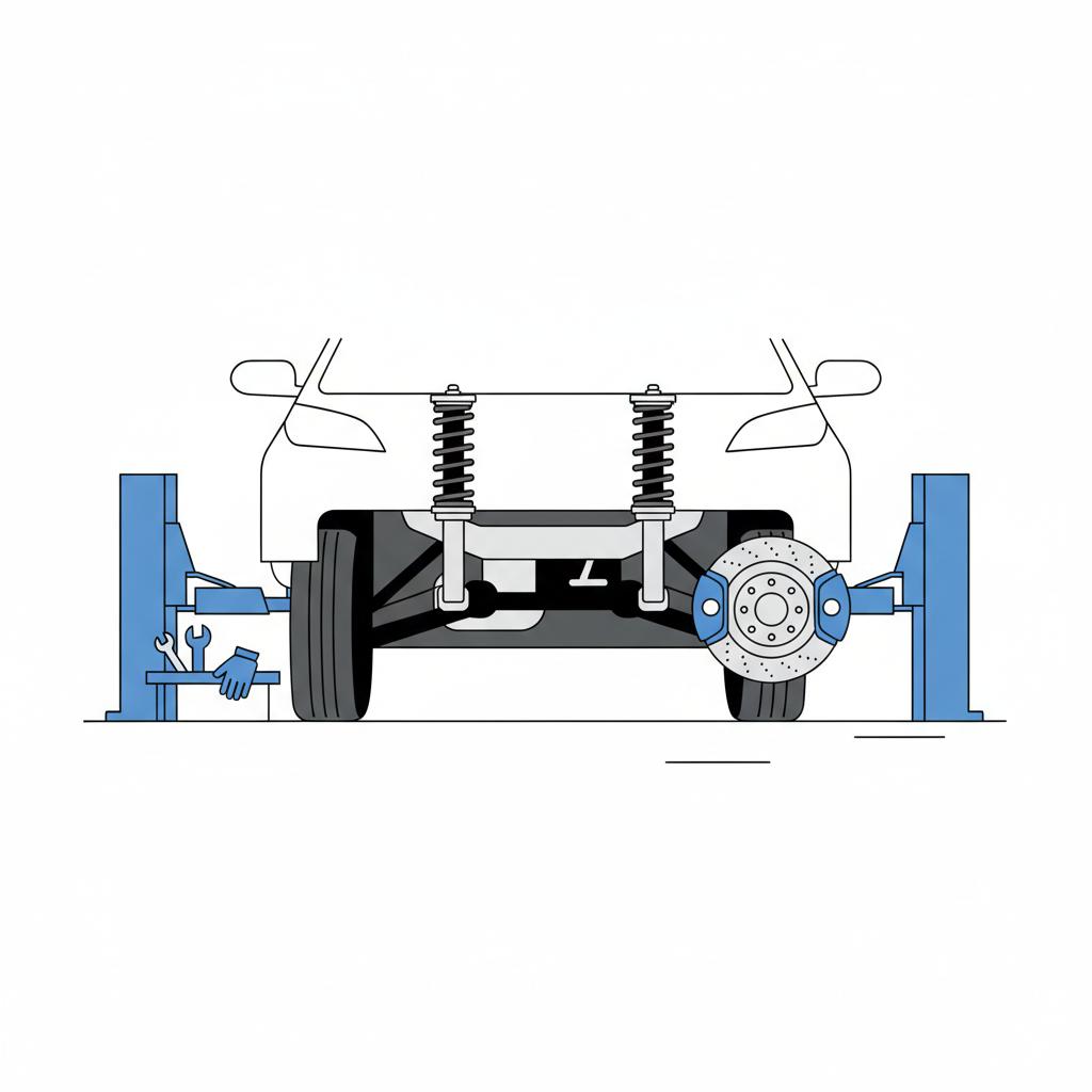 Minimalist vector showing a Toyota Corolla under a service lift focusing on struts and brake discs with a nearby tool tray white background blue accents toyota corolla for sale