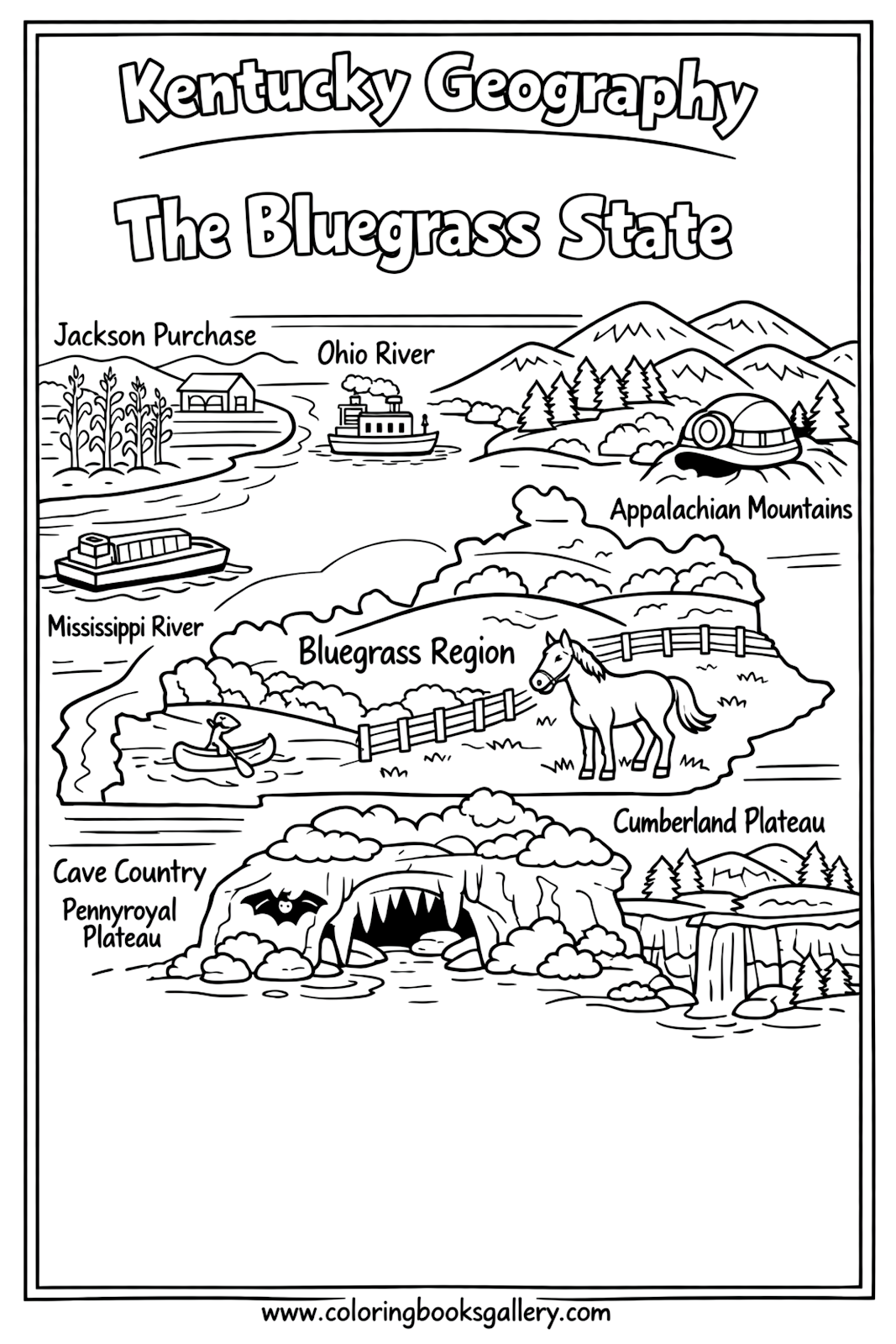 Kentucky Geography for Kids – Simple Educational Printable Coloring Page for Kids – printable coloring page
