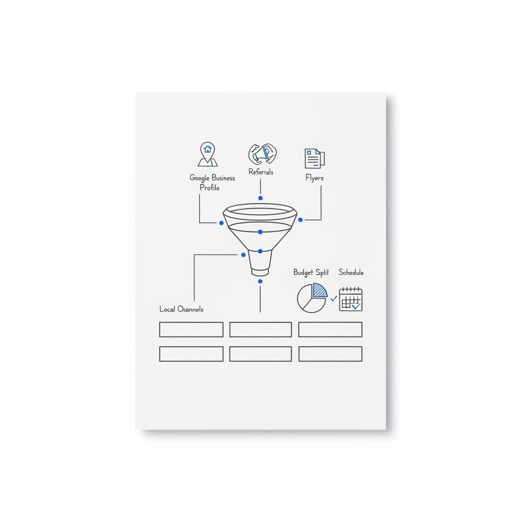 Minimal 2D vector overhead of a white notebook page with a marketing funnel and channel sketches (GBP, referrals, ads, flyers) illustrating how to get clients for cleaning services.