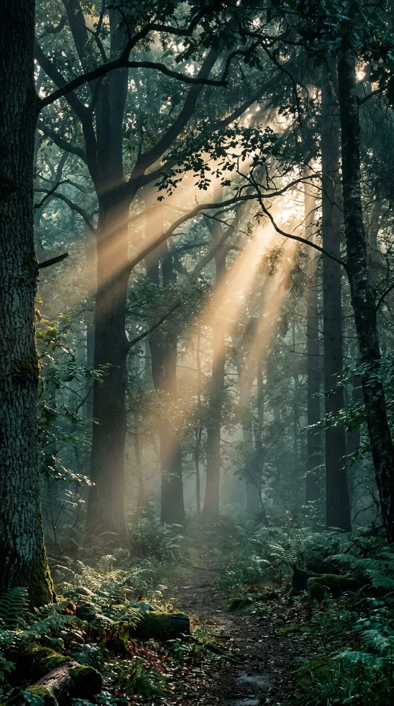 Sunlight Breaking Through Mist in a Muted Green Forest at Dawn - Free 4K mobile Wallpaper