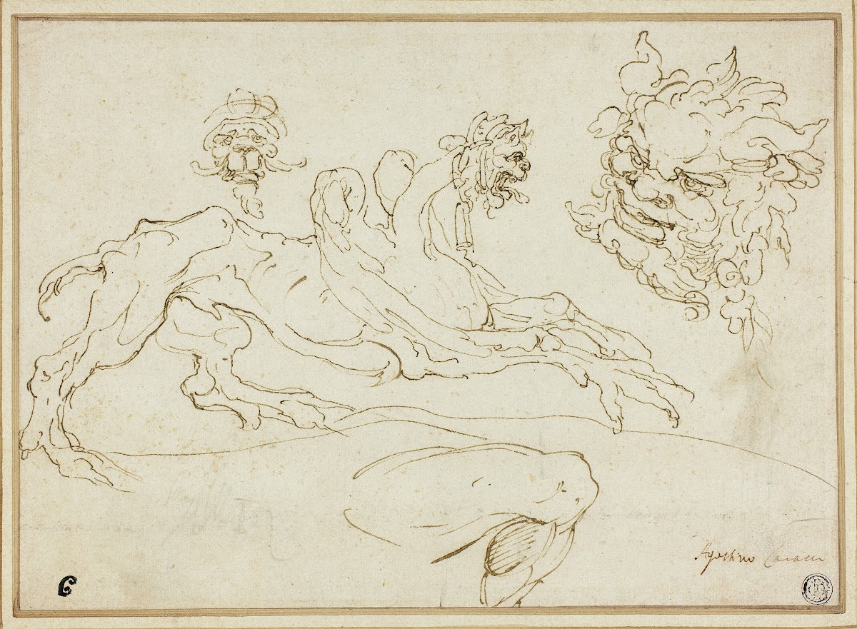 Four Sketches Griffin Grotesque Head Head Of Satyr Bent Leg
