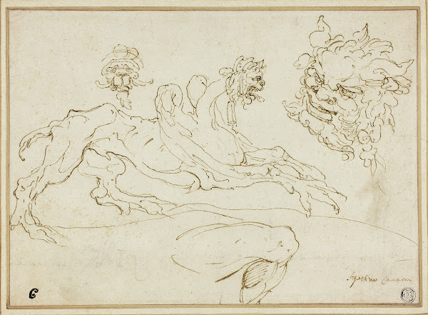 Four Sketches Griffin Grotesque Head Head Of Satyr Bent Leg
