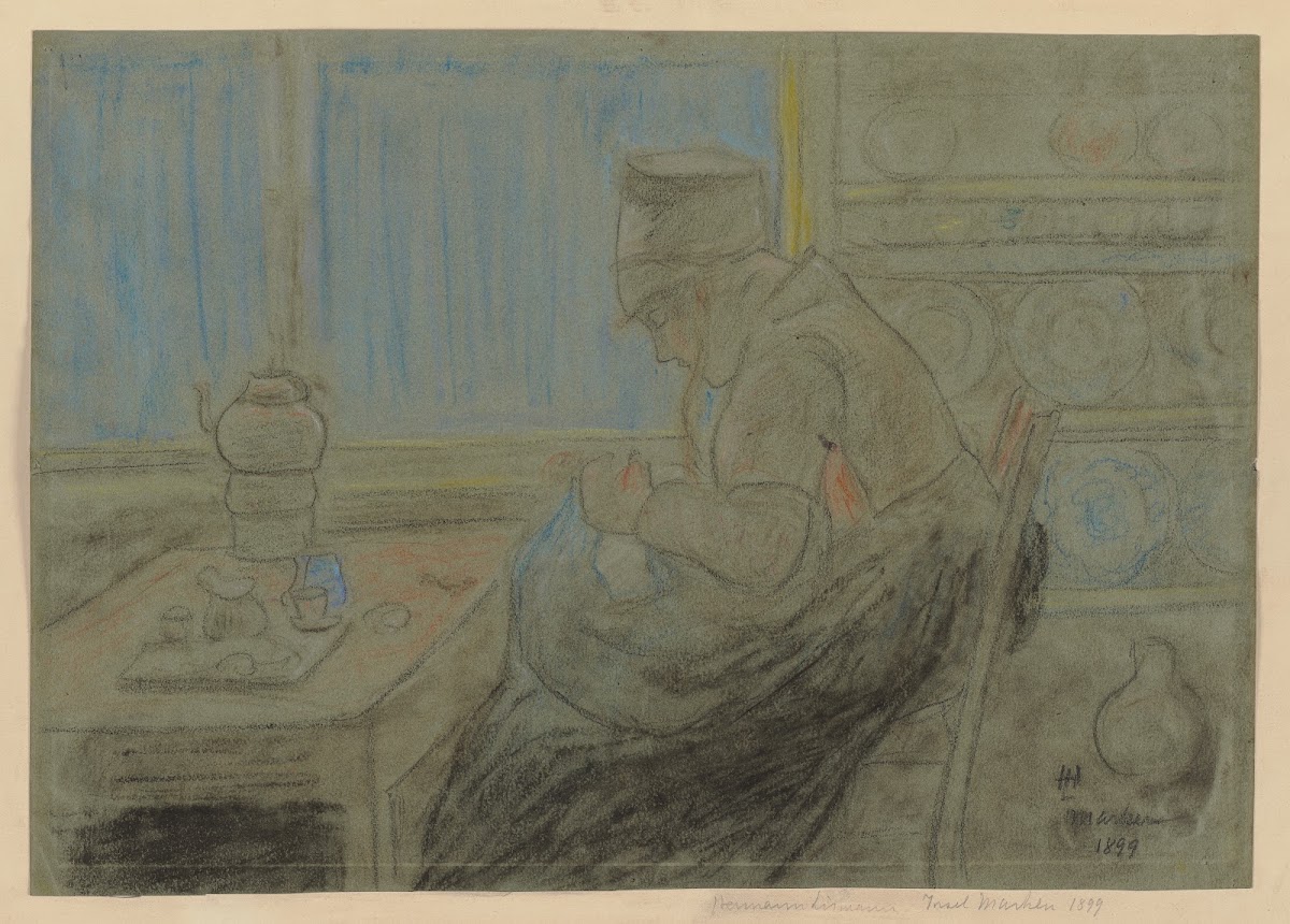 Frau im Profil nach links bei der Handarbeit in der Küche sitzend 1899