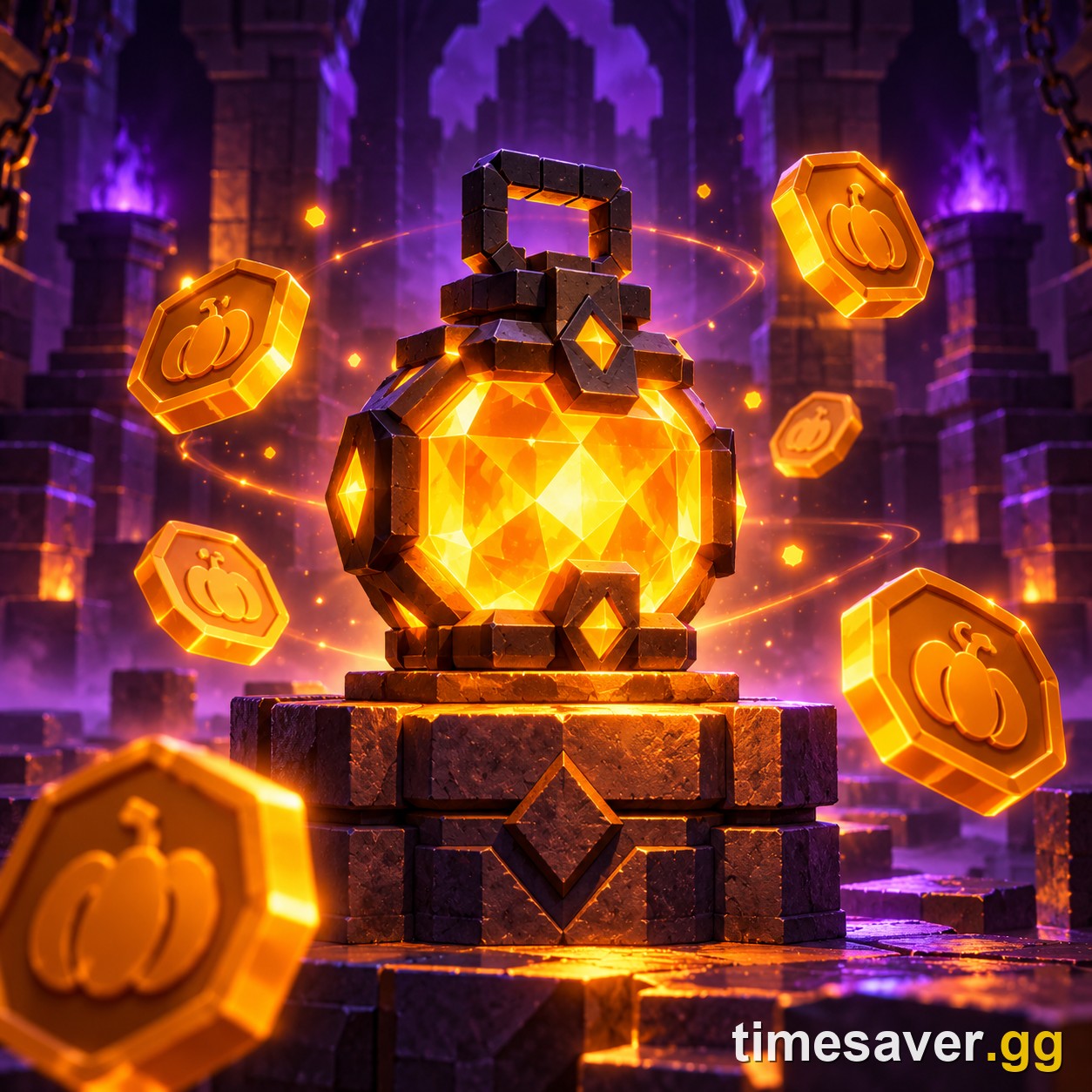 Illustration of a glowing limited UGC Halloween item on a pedestal surrounded by event tokens, representing the free rewards players exchange currency for