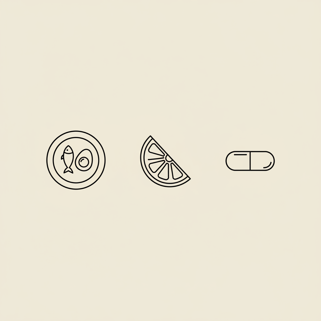 Minimal Tonum-style line illustration of three health icons — protein plate (fish and egg), citrus wedge, and capsule — representing supplements for burns.