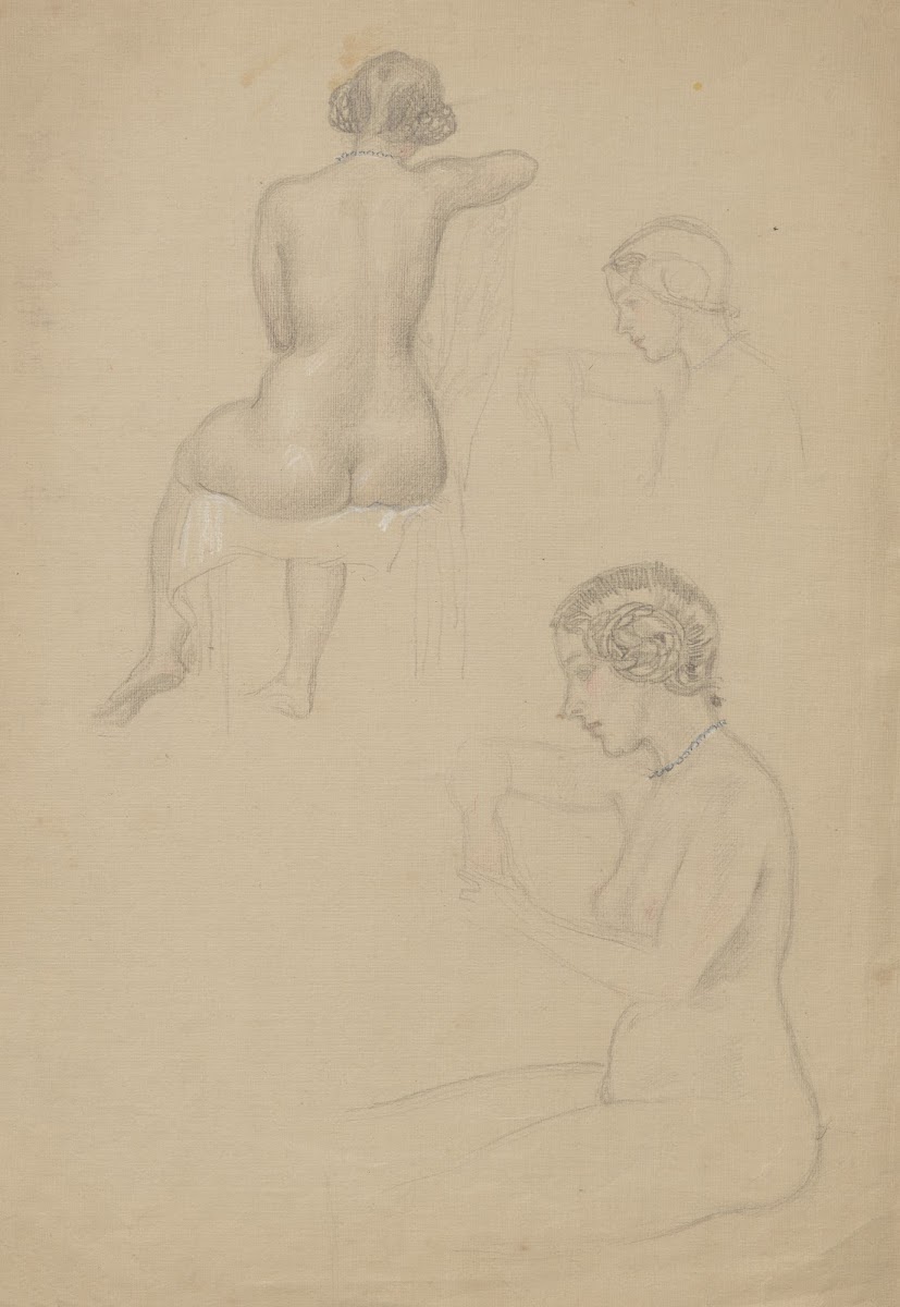 Naked woman sitting with blue necklace seen from behind and from the side 1895 1