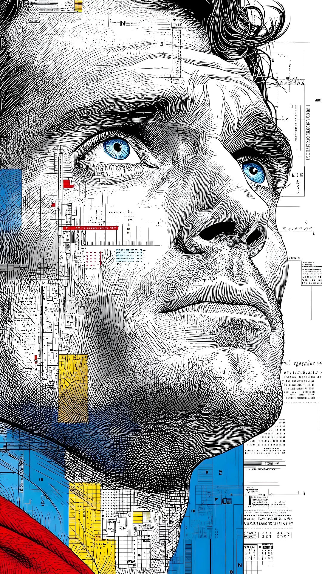 Intense Blue Eyes Portrait with Technical Blueprint Overlay - Free 4K mobile Wallpaper