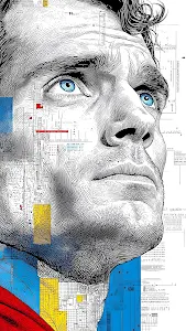 Intense Blue Eyes Portrait with Technical Blueprint Overlay