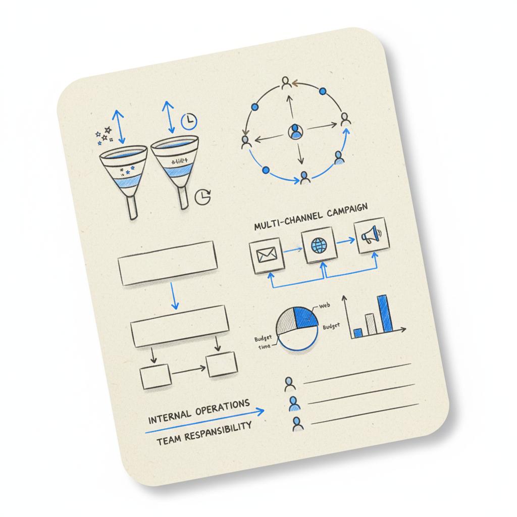 Close-up planner page with sketched funnels, arrows and icons for lead quality and response time; minimal palette with brand blue accents and white background; Angie's List advertising cost planning.