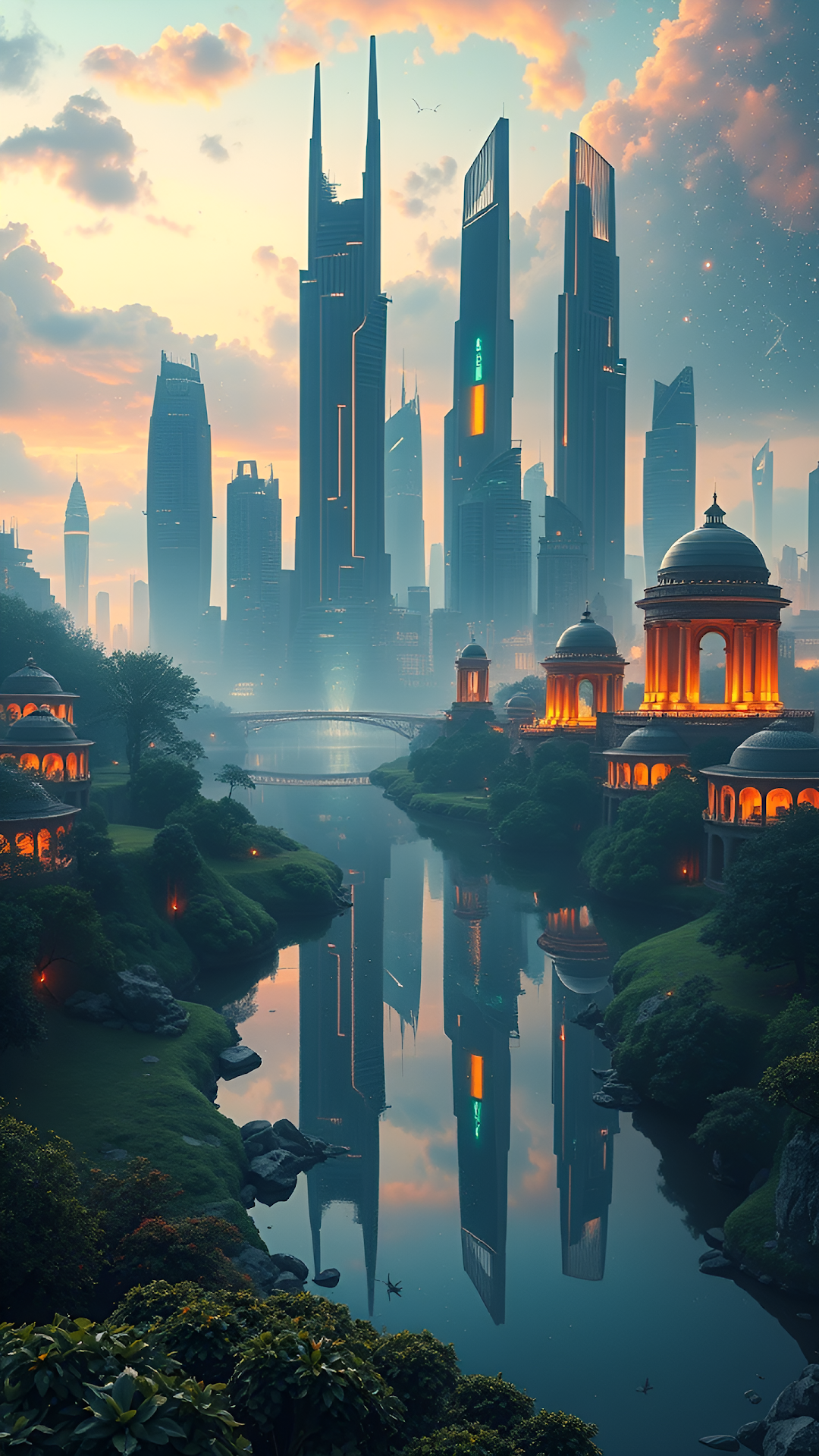 Futuristic Metropolis Reflected in River with Ancient Pavilions - Free 4K mobile Wallpaper