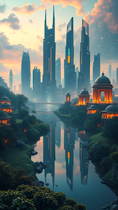 Futuristic Metropolis Reflected in River with Ancient Pavilions