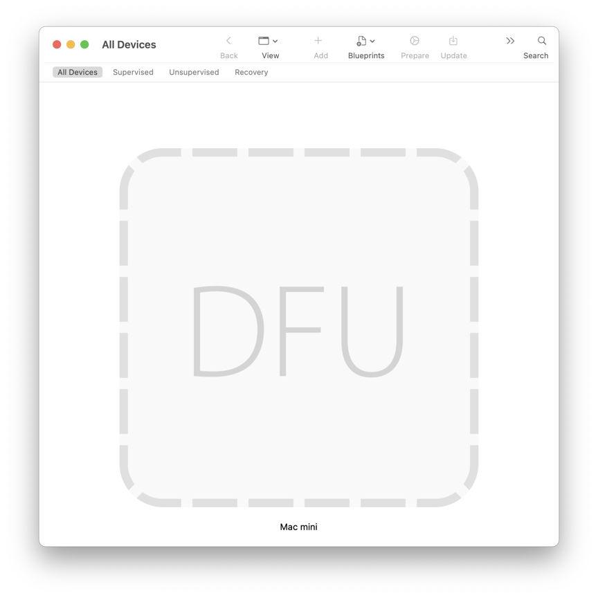 Apple Configurator 2의 All Devices 화면에 DFU 장치가 표시된 모습