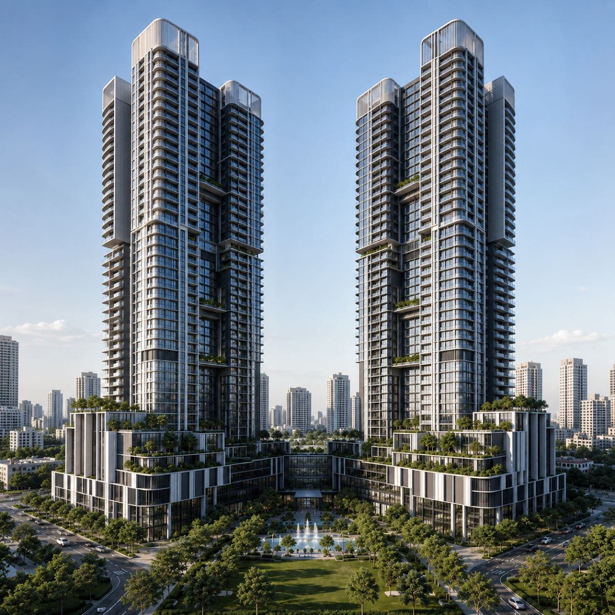 Twin high-rise residences rising from a planted podium