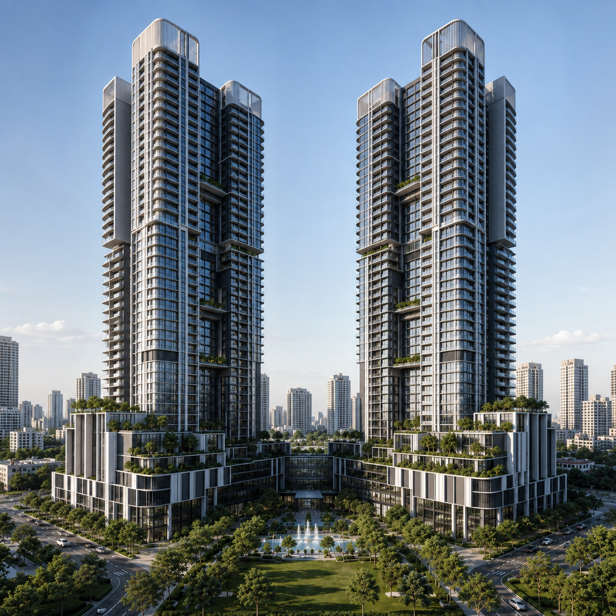 Twin high-rise residences rising from a planted podium