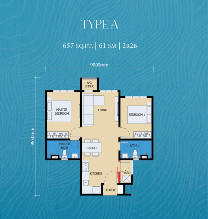D'Evia Type A floor plan — 768 sq ft, 2 bedrooms