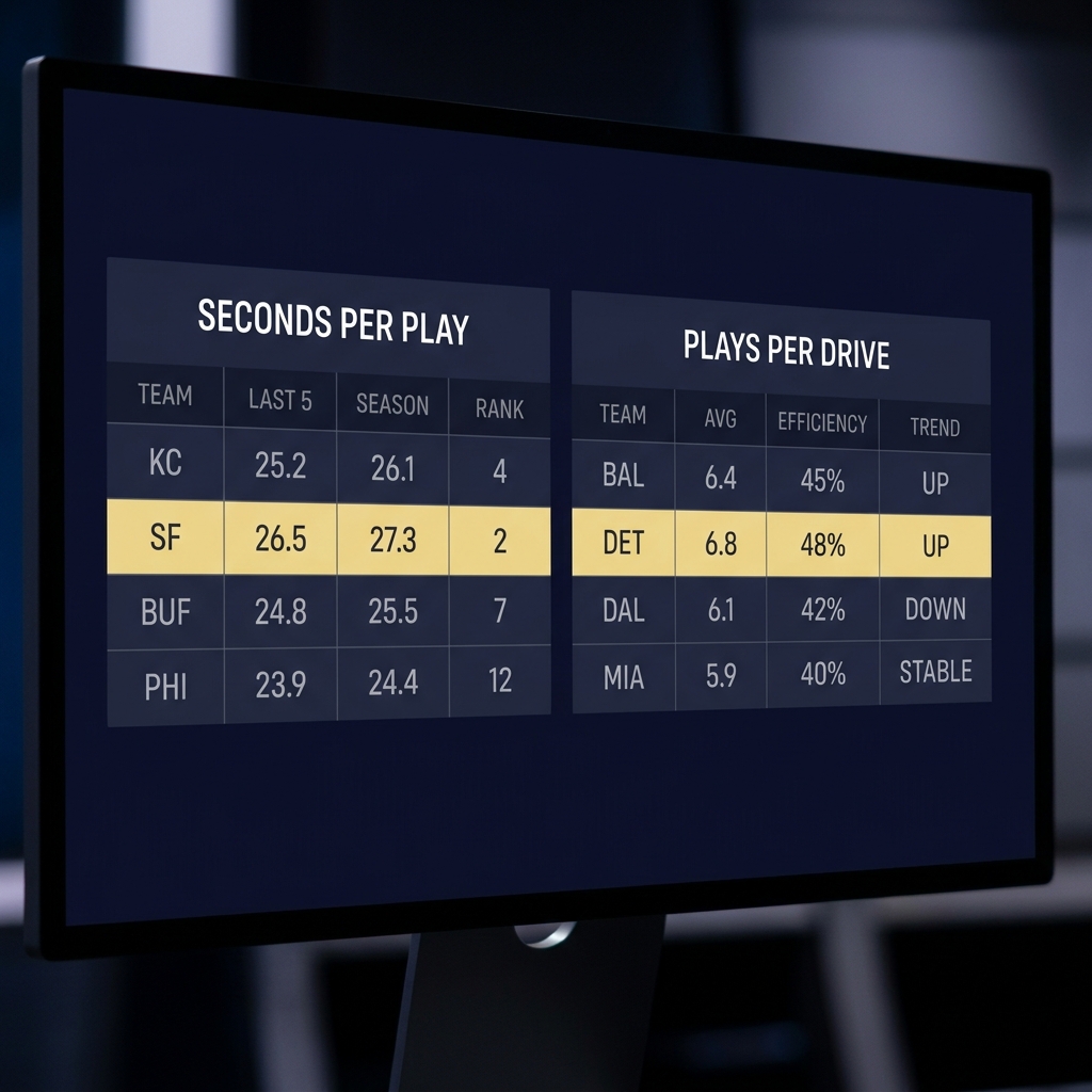 Close up of a play by play screen showing seconds per play and plays per drive tables in a minimalist Funded Plays style with brand colors How Tempo Affects College Football Totals