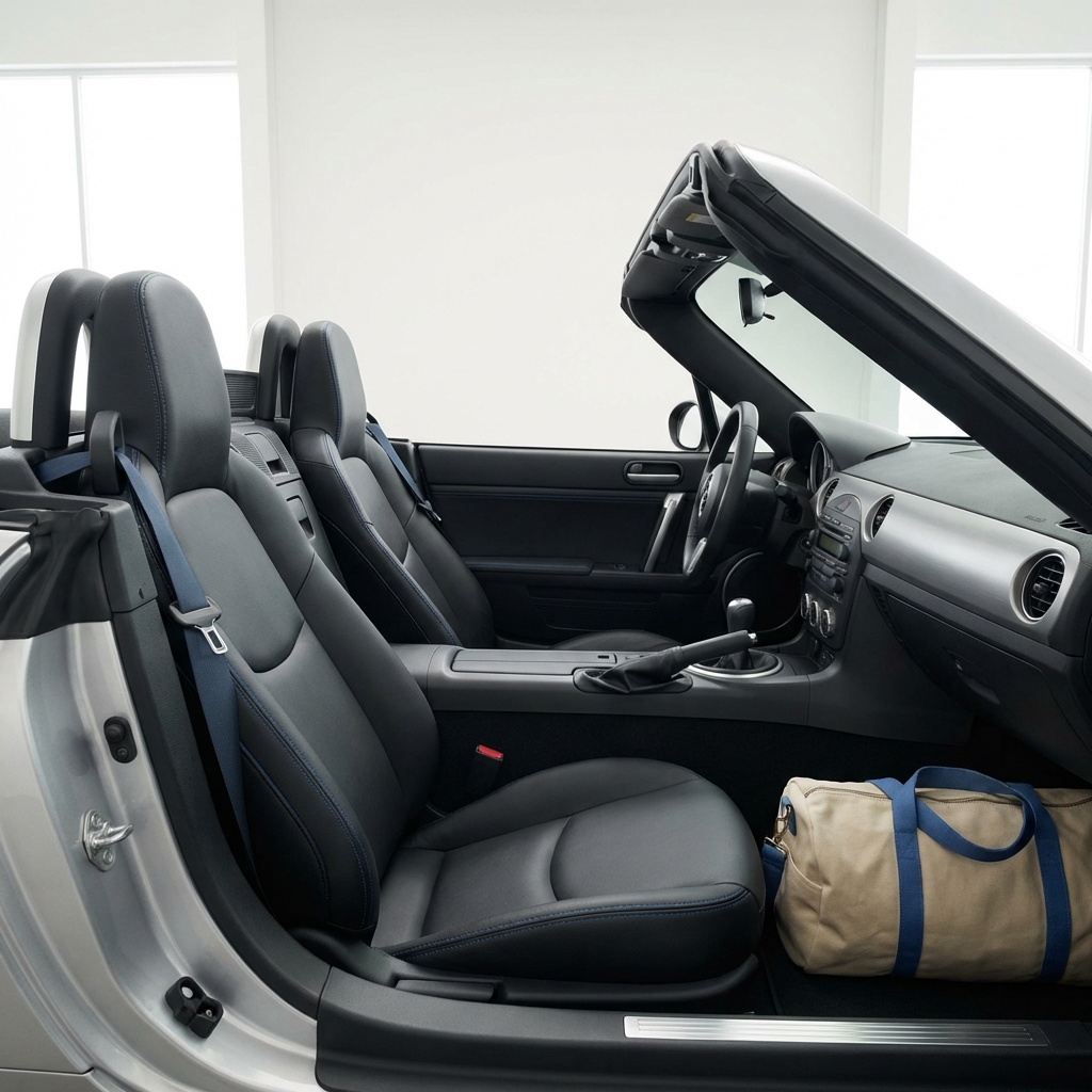 Mazda MX5 for sale interior showing two seats and a tight cockpit with a soft duffel bag on the passenger floor to show scale