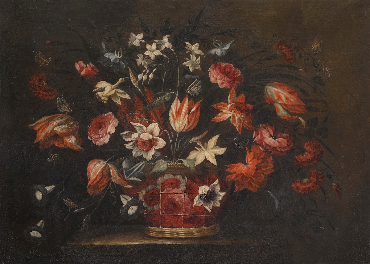 A Still Life With A Basket Of Tulips Carnations And Other Flowers On A Stone Pli