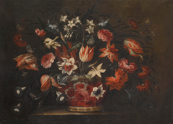 A Still Life With A Basket Of Tulips Carnations And Other Flowers On A Stone Pli