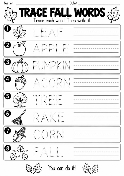 Trace Fall Words Worksheet