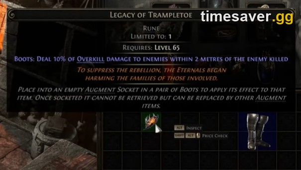 Legacy of Trampletoe rune tooltip in PoE2 showing the 10% Overkill boots mod and Augment Socket rules