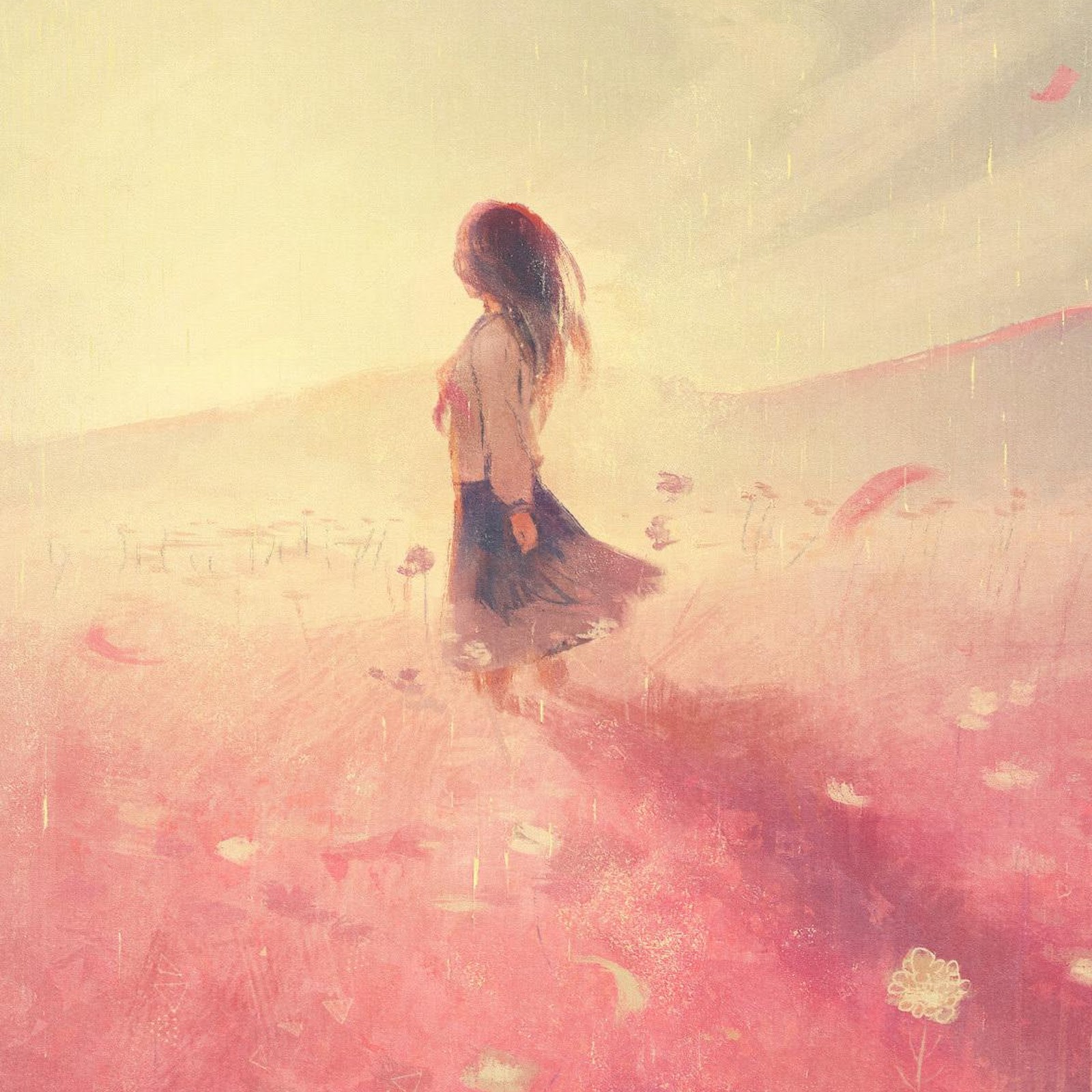 Download Girl In Pink Flower Field Full HD iPhone