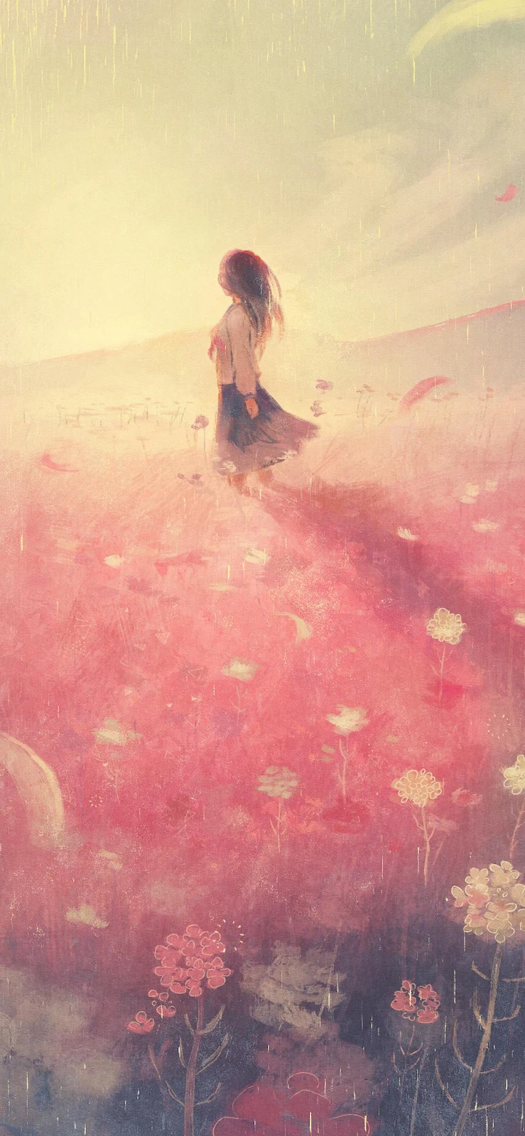 Girl In Pink Flower Field - Digital Illustration Full HD iPhone Wallpaper (1176x2547)