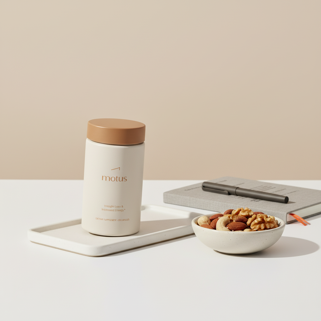 Motus supplement jar on a white ceramic tray with a notepad and bowl of mixed nuts on a beige #F2E5D5 background, minimalist health scene — what deficiency causes belly fat