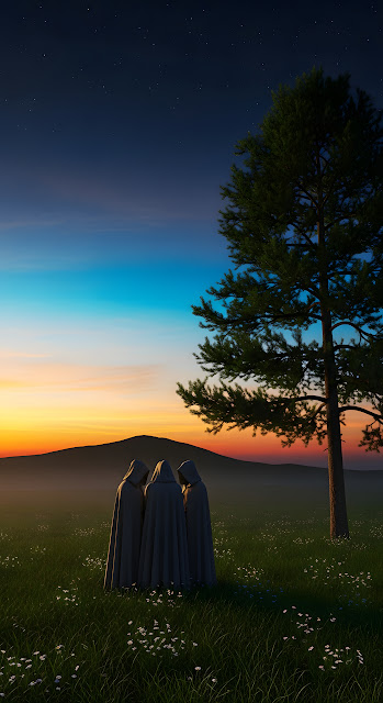 Three Mysterious Cloaked Figures Standing in a Field at Vibrant Twilight Sky - Free mobile Wallpaper
